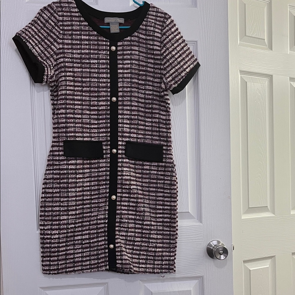 Elegant Black and White Tweed Midi Dress